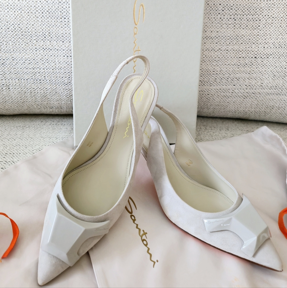 SANTONI  SIZE 37 Made In Italy🌍     3"/8cm Heels Women's Silver Slingback Shoes